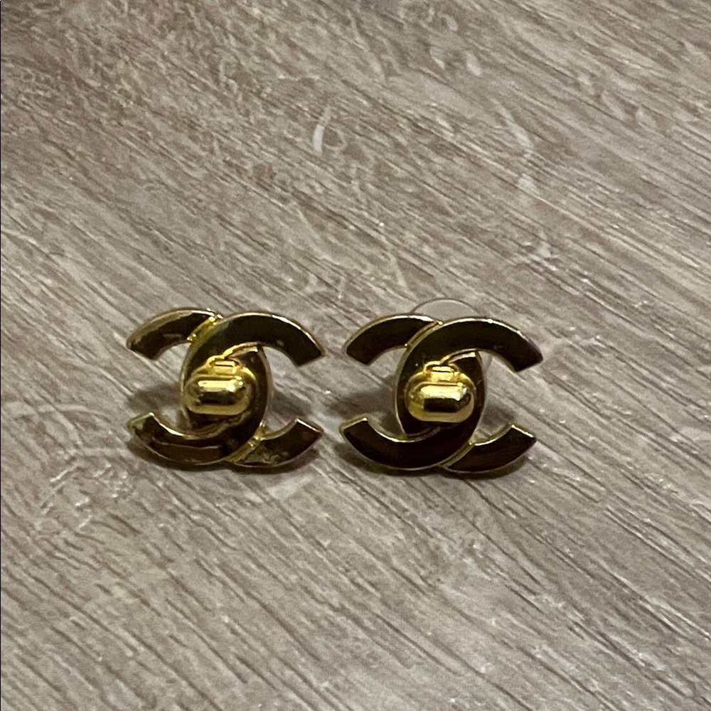 Repurposed Chanel buttons Gold Designer Logo Earrings